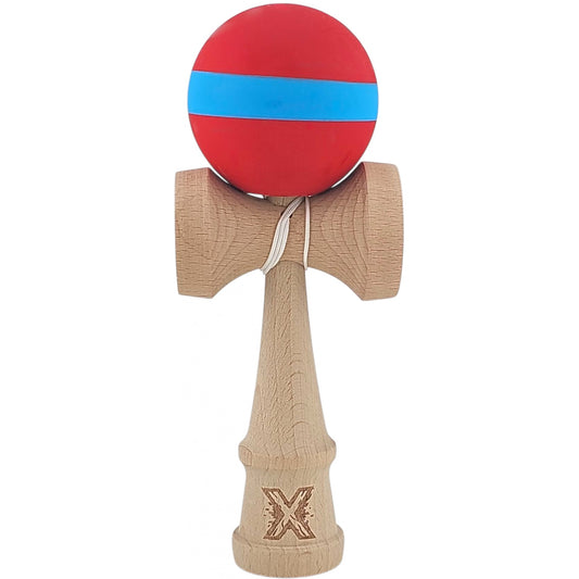 Kendama X Originala, Profesionala,  18 cm, din Lemn, Rubber Grip, Rosu/Albastru