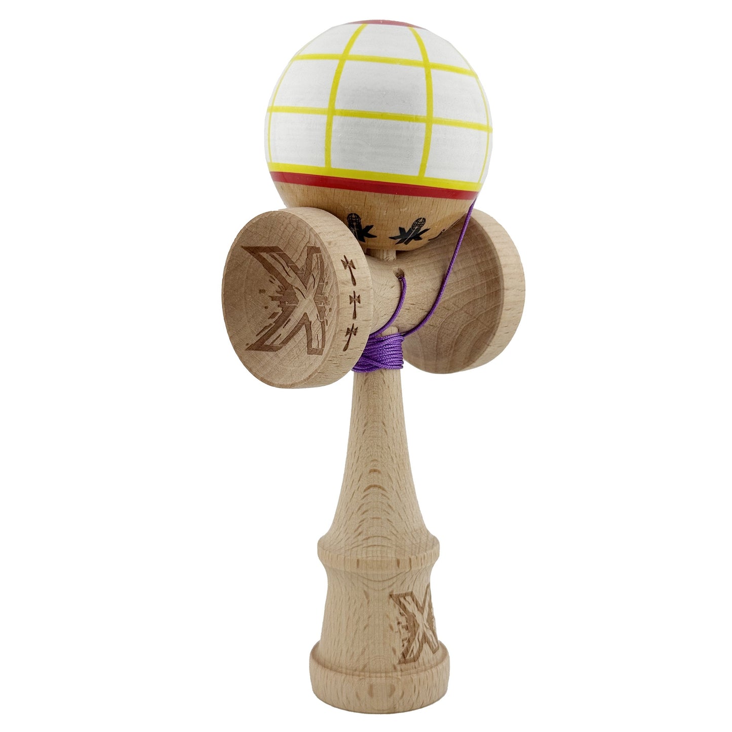 Kendama X Originala, Profesionala,  Big Cups V2, Model Glob Super Sticky Legendary Cupe Mari, Rulment Metalic cu Ata 55 cm, Alb/Galben/Rosu