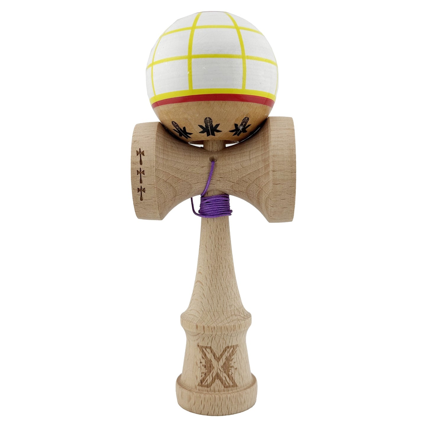 Kendama X Originala, Profesionala,  Big Cups V2, Model Glob Super Sticky Legendary Cupe Mari, Rulment Metalic cu Ata 55 cm, Alb/Galben/Rosu