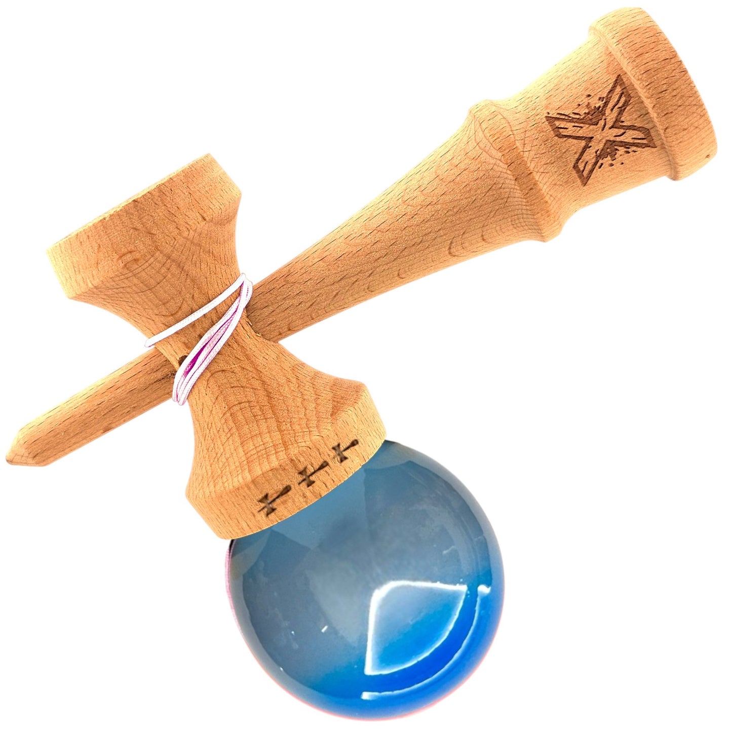 Kendama X Originala, Profesionala, Big Cups V2, Super Sticky din Lemn, 18 cm, Gradient Albastru/Gri/Bleu
