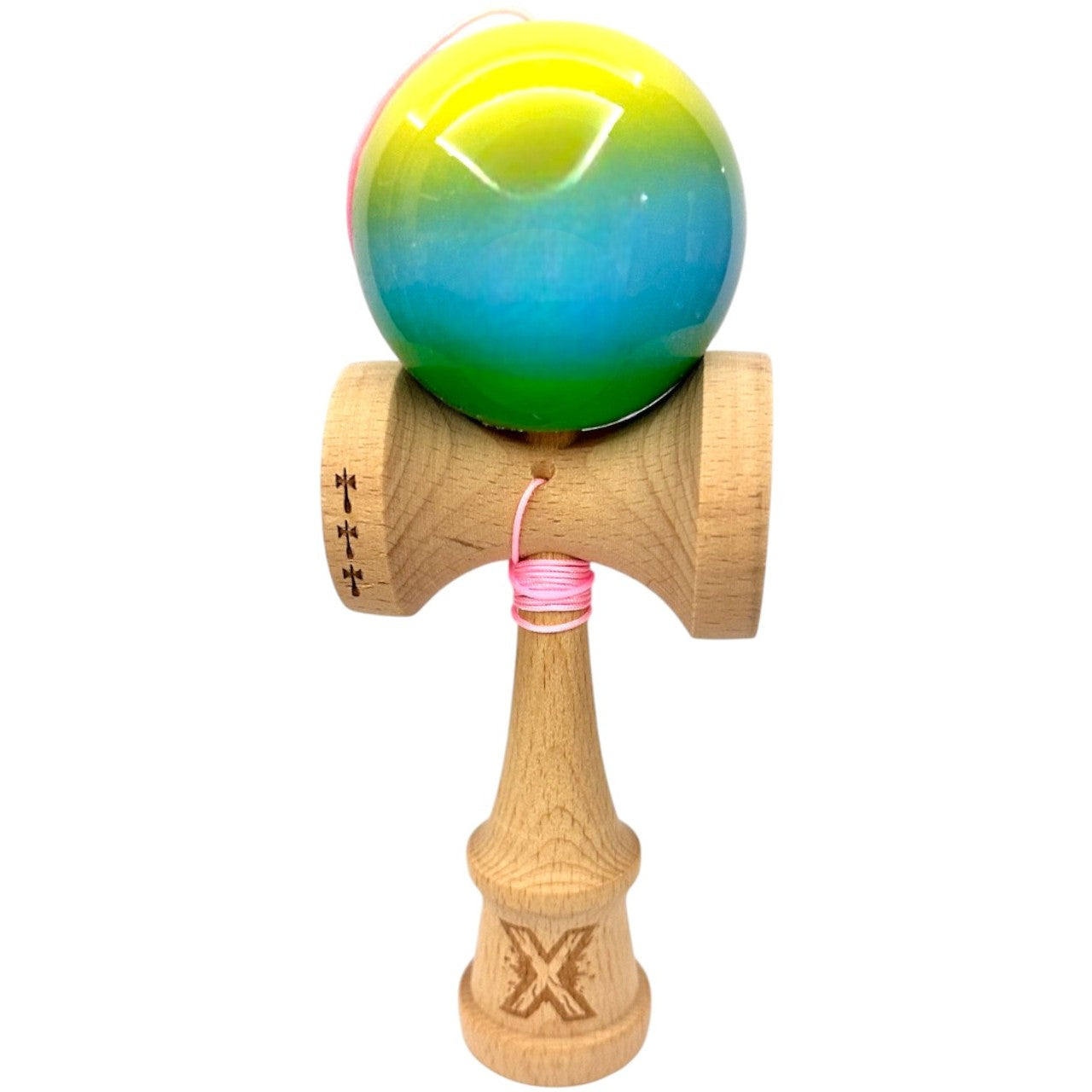 Kendama X Originala, Profesionala,  Big Cups V2, Super Sticky din Lemn, 18 cm, Gradient Galben/Albastru deschis/Verde