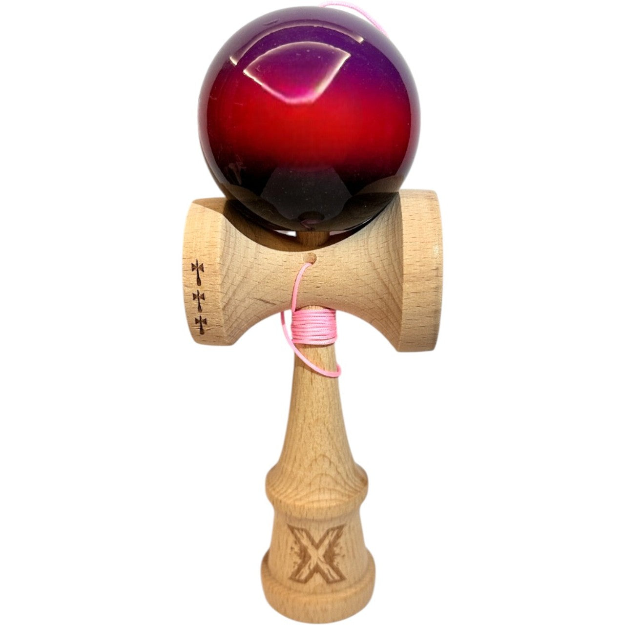 Kendama X Originala, Profesionala, Big Cups V2, Super Sticky din Lemn, 18 cm, Gradient Mov/Rosu/Negru