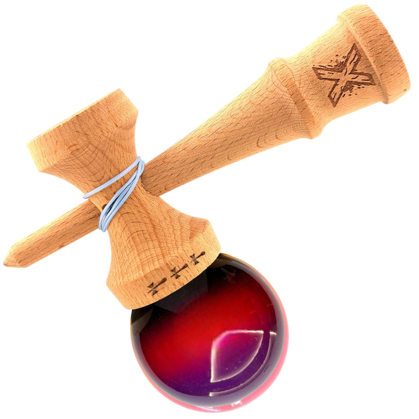Kendama X Originala, Profesionala, Big Cups V2, Super Sticky din Lemn, 18 cm, Gradient Mov/Rosu/Negru