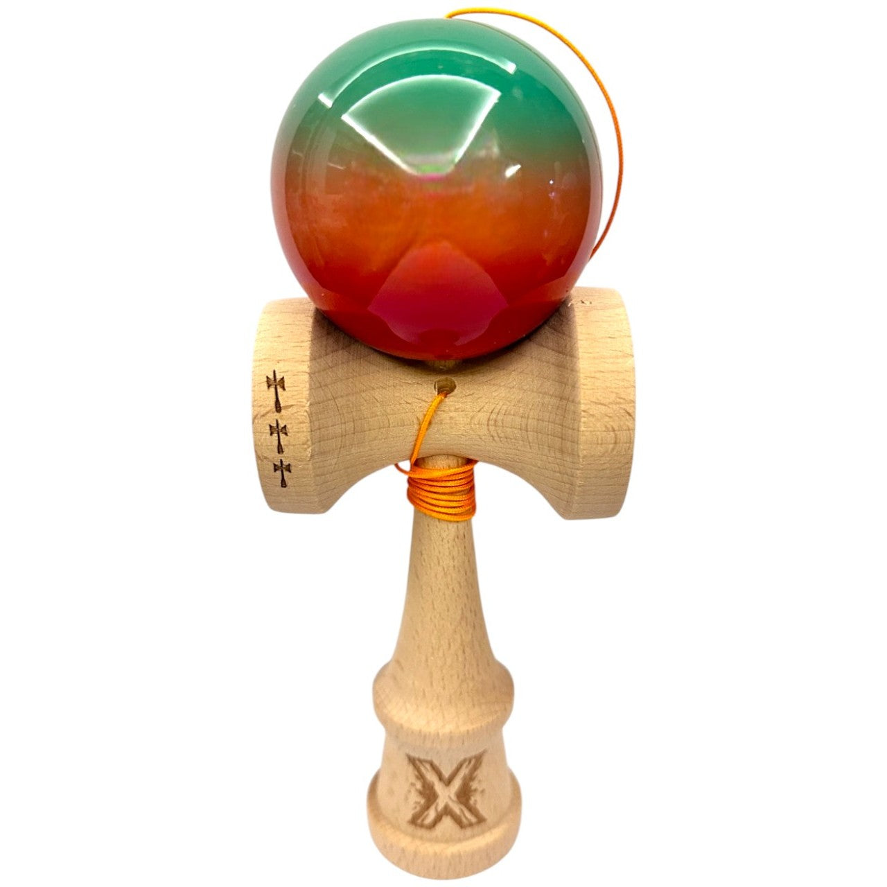 Kendama X Originala, Profesionala,  Big Cups V2, Super Sticky din Lemn, 18 cm, Gradient Rosu/Verde