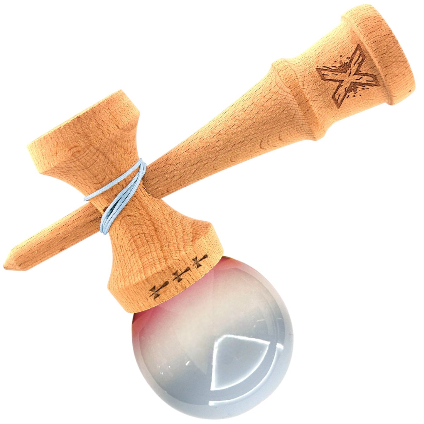 Kendama X Originala, Profesionala,  Big Cups V2, Super Sticky din Lemn, 18 cm, Gradient Roz/Alb/Gri