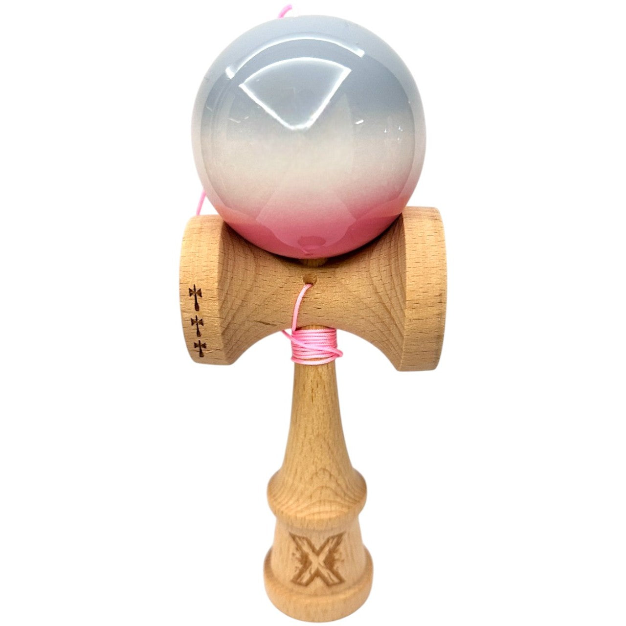 Kendama X Originala, Profesionala,  Big Cups V2, Super Sticky din Lemn, 18 cm, Gradient Roz/Alb/Gri