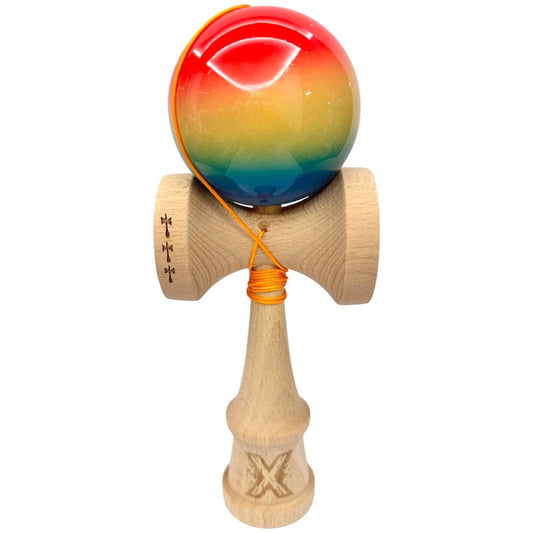 Kendama X Originala, Profesionala, Big Cups V2, Super Sticky din Lemn, 18 cm, Gradient Roz/Galben/Albastru