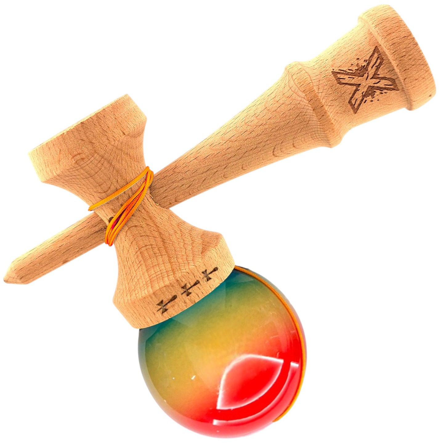 Kendama X Originala, Profesionala, Big Cups V2, Super Sticky din Lemn, 18 cm, Gradient Roz/Galben/Albastru