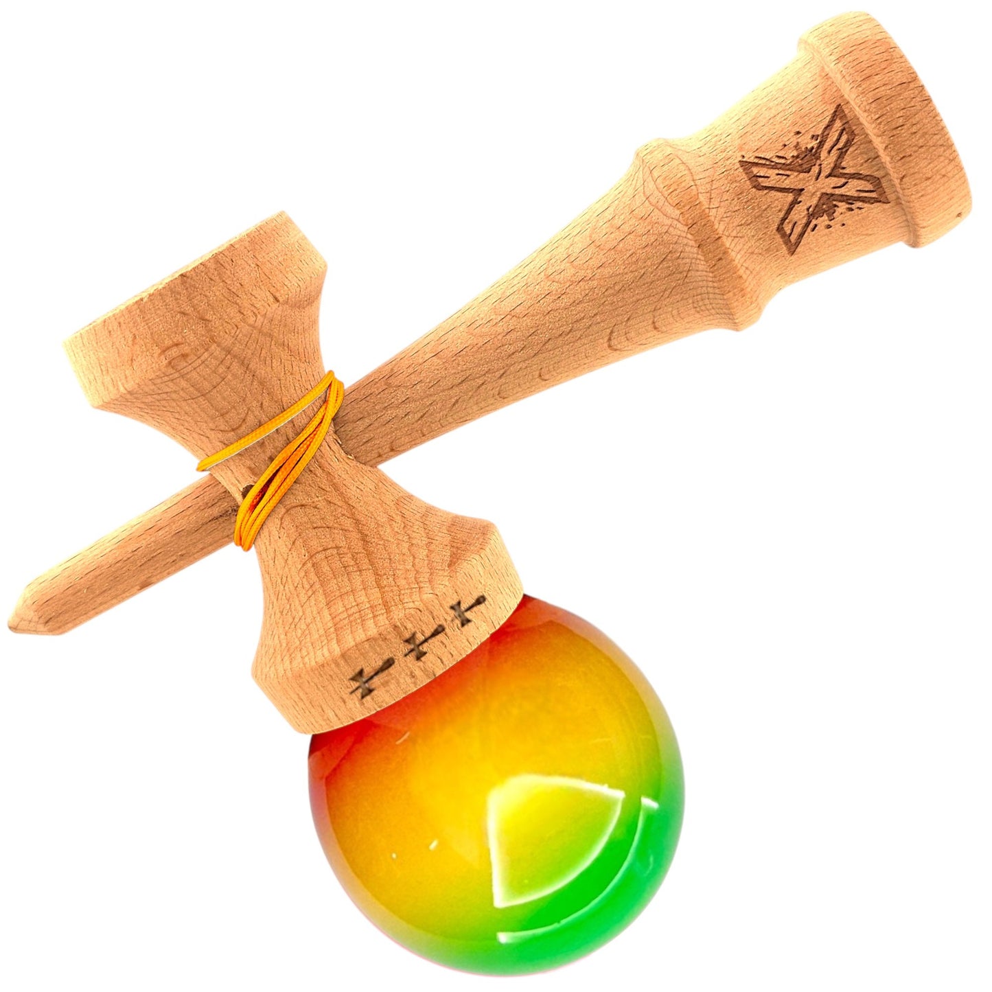 Kendama X Originala, Profesionala, Big Cups V2, Super Sticky din Lemn, 18 cm, Gradient Verde Galben Rosu