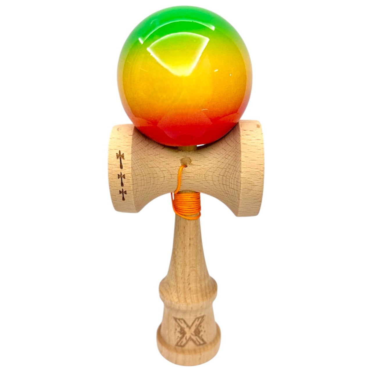 Kendama X Originala, Profesionala, Big Cups V2, Super Sticky din Lemn, 18 cm, Gradient Verde Galben Rosu