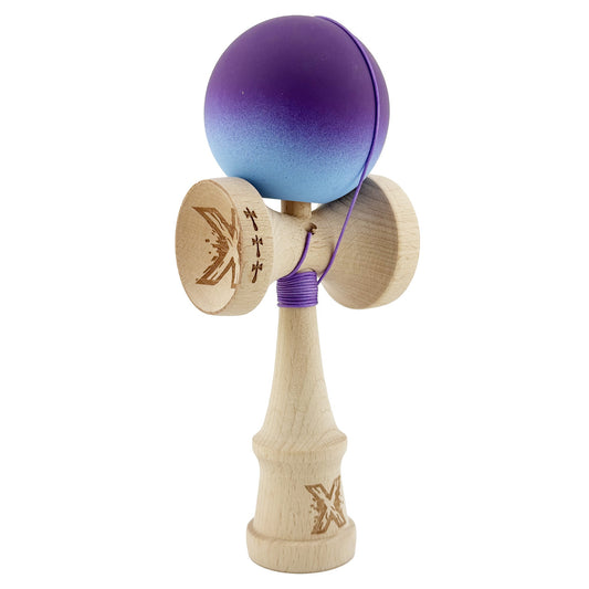 Kendama X Originala, Profesionala, Big Cups V2, Rubber Grip cu Cupe Mari, Rulment Metalic cu Ata 55 cm, Violet/Albastru