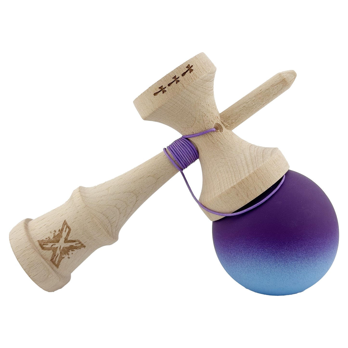 Kendama X Originala, Profesionala, Big Cups V2, Rubber Grip cu Cupe Mari, Rulment Metalic cu Ata 55 cm, Violet/Albastru