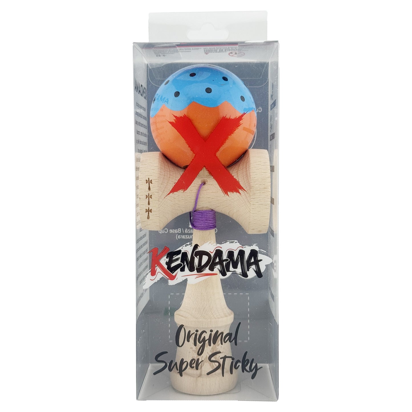 Kendama X Originala, Profesionala,  Big Cups V2, Super Sticky cu Cupe Mari, din lemn 18 cm, Rulment Metalic cu Ata 55 cm, Albastru/Portocaliu