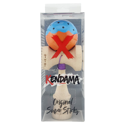 Kendama X Originala, Profesionala,  Big Cups V2, Super Sticky cu Cupe Mari, din lemn 18 cm, Rulment Metalic cu Ata 55 cm, Albastru/Portocaliu