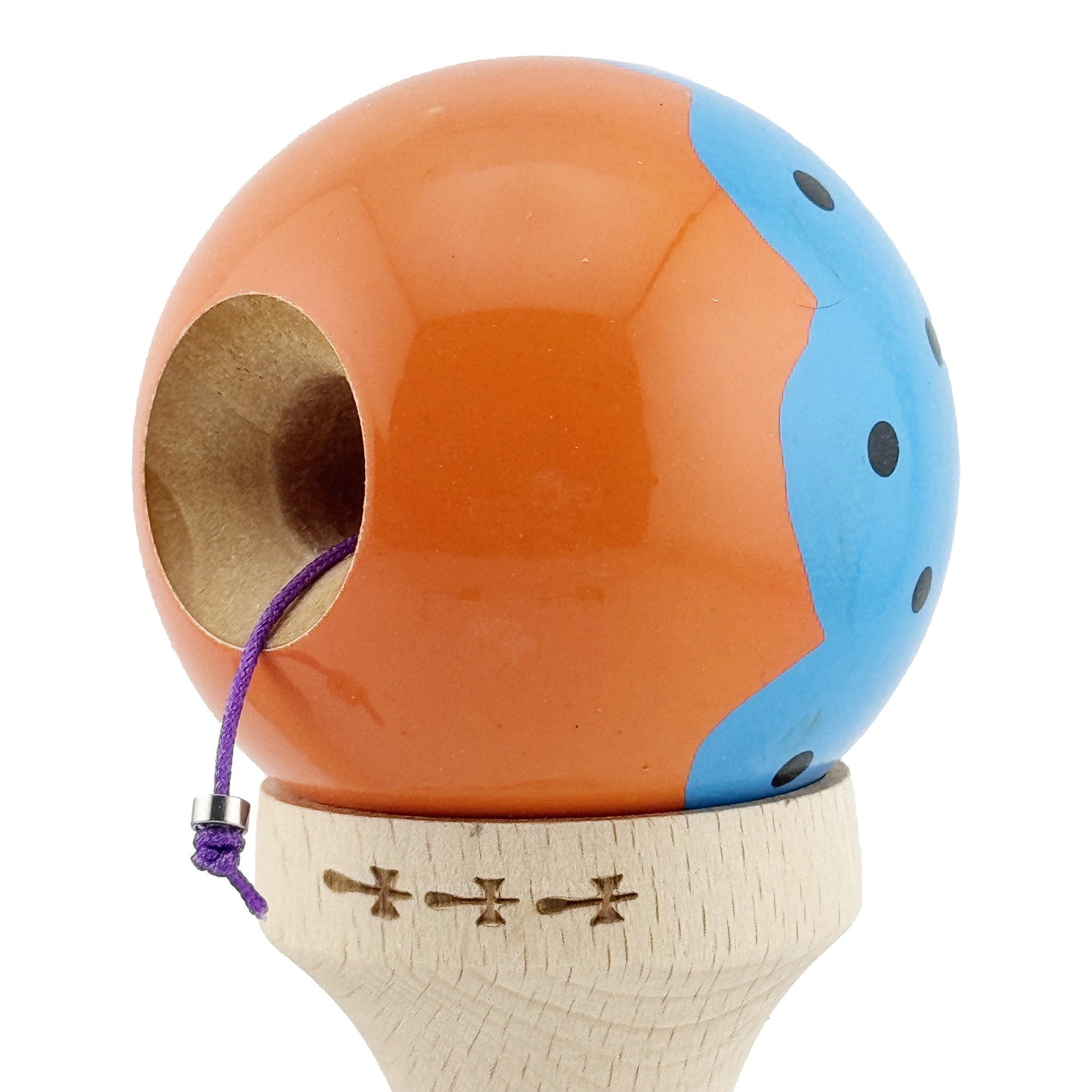 Kendama X Originala, Profesionala,  Big Cups V2, Super Sticky cu Cupe Mari, din lemn 18 cm, Rulment Metalic cu Ata 55 cm, Albastru/Portocaliu