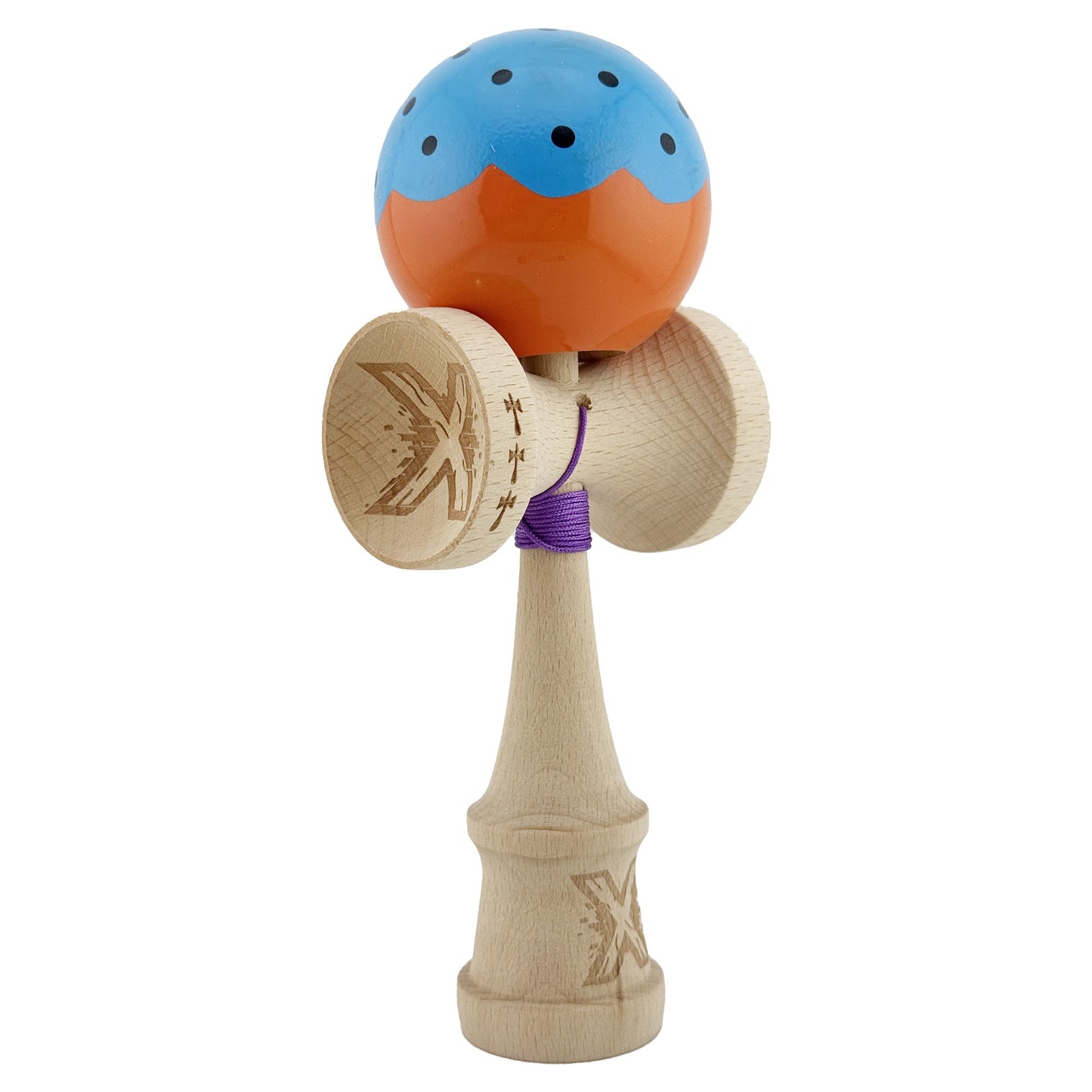 Kendama X Originala, Profesionala,  Big Cups V2, Super Sticky cu Cupe Mari, din lemn 18 cm, Rulment Metalic cu Ata 55 cm, Albastru/Portocaliu