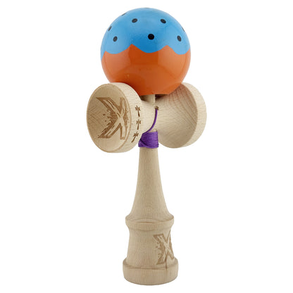 Kendama X Originala, Profesionala,  Big Cups V2, Super Sticky cu Cupe Mari, din lemn 18 cm, Rulment Metalic cu Ata 55 cm, Albastru/Portocaliu