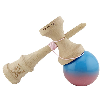 Kendama X Originala, Profesionala,  Big Cups V2, Super Sticky cu Cupe Mari, din lemn 18 cm, Rulment Metalic cu Ata 55 cm, Albastru/Roz