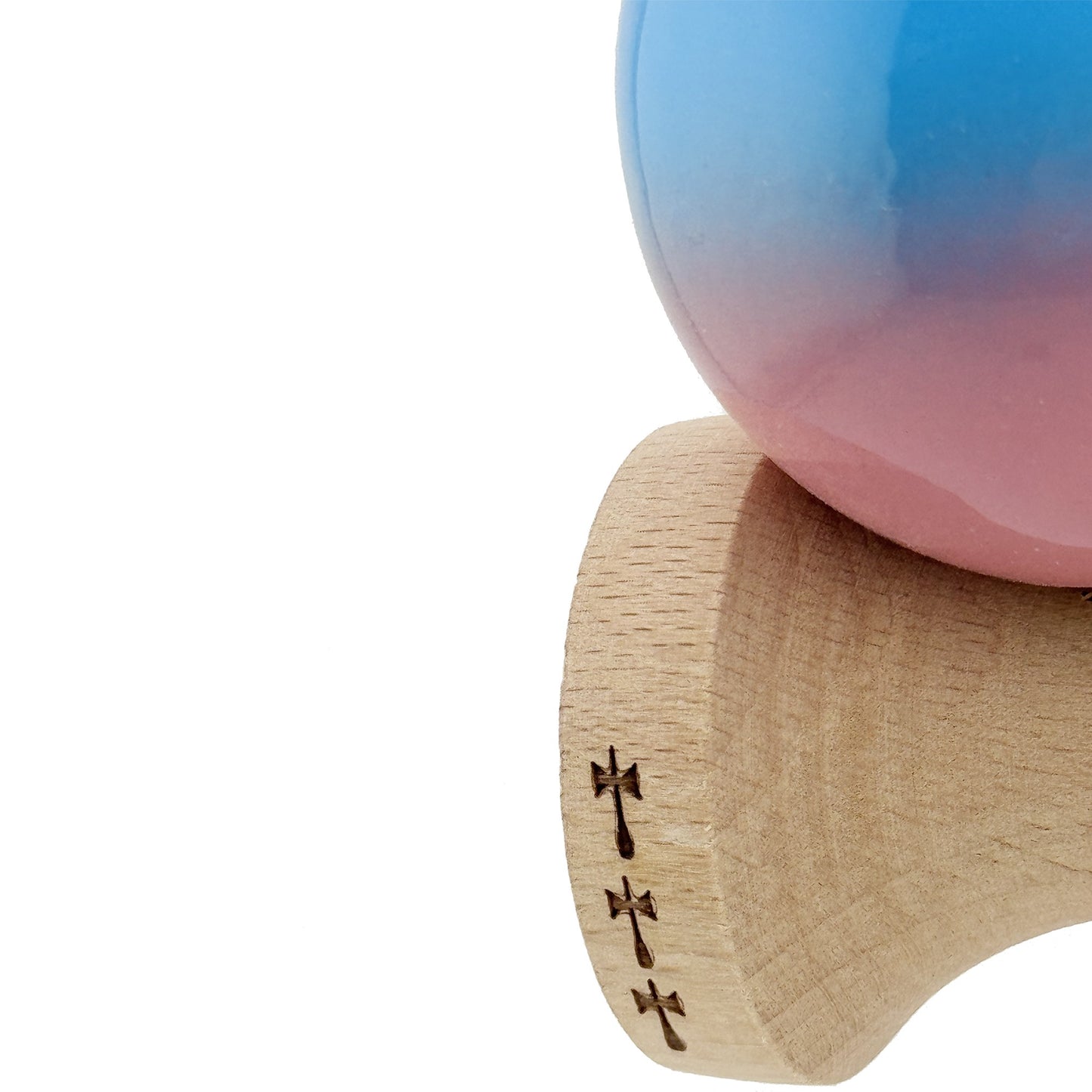 Kendama X Originala, Profesionala,  Big Cups V2, Super Sticky cu Cupe Mari, din lemn 18 cm, Rulment Metalic cu Ata 55 cm, Albastru/Roz