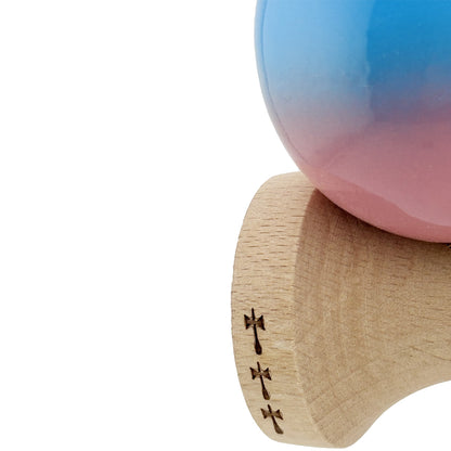 Kendama X Originala, Profesionala,  Big Cups V2, Super Sticky cu Cupe Mari, din lemn 18 cm, Rulment Metalic cu Ata 55 cm, Albastru/Roz
