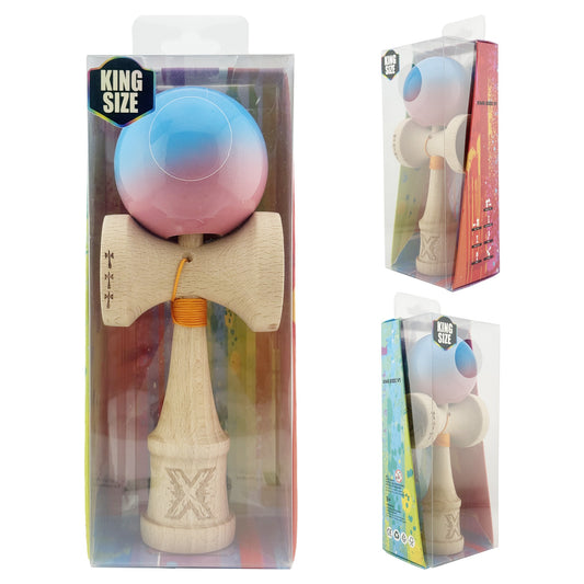 Kendama X Originala, Profesionala,  Big Cups V2, Super Sticky cu Cupe Mari, din lemn 18 cm, Rulment Metalic cu Ata 55 cm, Albastru/Roz