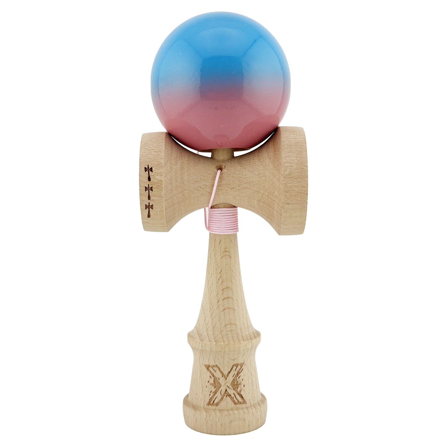 Kendama X Originala, Profesionala,  Big Cups V2, Super Sticky cu Cupe Mari, din lemn 18 cm, Rulment Metalic cu Ata 55 cm, Albastru/Roz