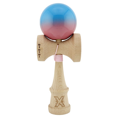 Kendama X Originala, Profesionala,  Big Cups V2, Super Sticky cu Cupe Mari, din lemn 18 cm, Rulment Metalic cu Ata 55 cm, Albastru/Roz
