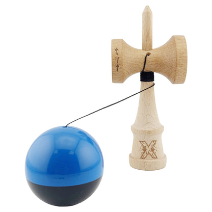 Kendama X Originala, Profesionala,Big Cups V2, Super Sticky cu Cupe Mari, Rulment Metalic, din lemn 18 cm, Ata 55 cm, Albastru/Negru