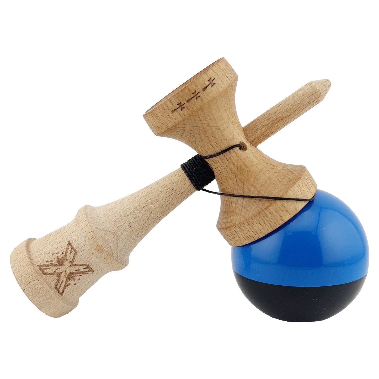 Kendama X Originala, Profesionala,Big Cups V2, Super Sticky cu Cupe Mari, Rulment Metalic, din lemn 18 cm, Ata 55 cm, Albastru/Negru
