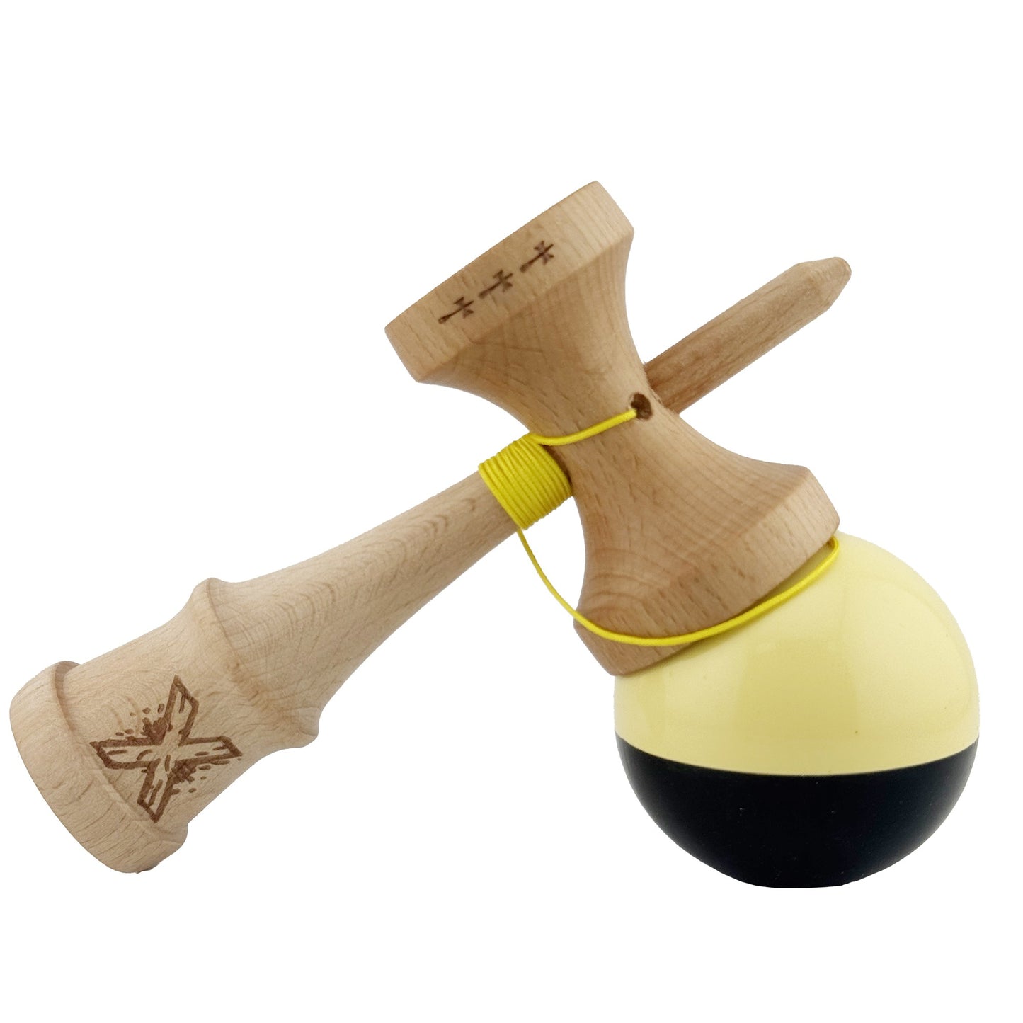 Kendama X Originala, Profesionala,Big Cups V2, Super Sticky cu Cupe Mari, Rulment Metalic, din lemn 18 cm, Ata 55 cm, Galben/Negru