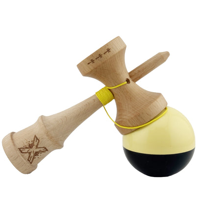 Kendama X Originala, Profesionala,Big Cups V2, Super Sticky cu Cupe Mari, Rulment Metalic, din lemn 18 cm, Ata 55 cm, Galben/Negru