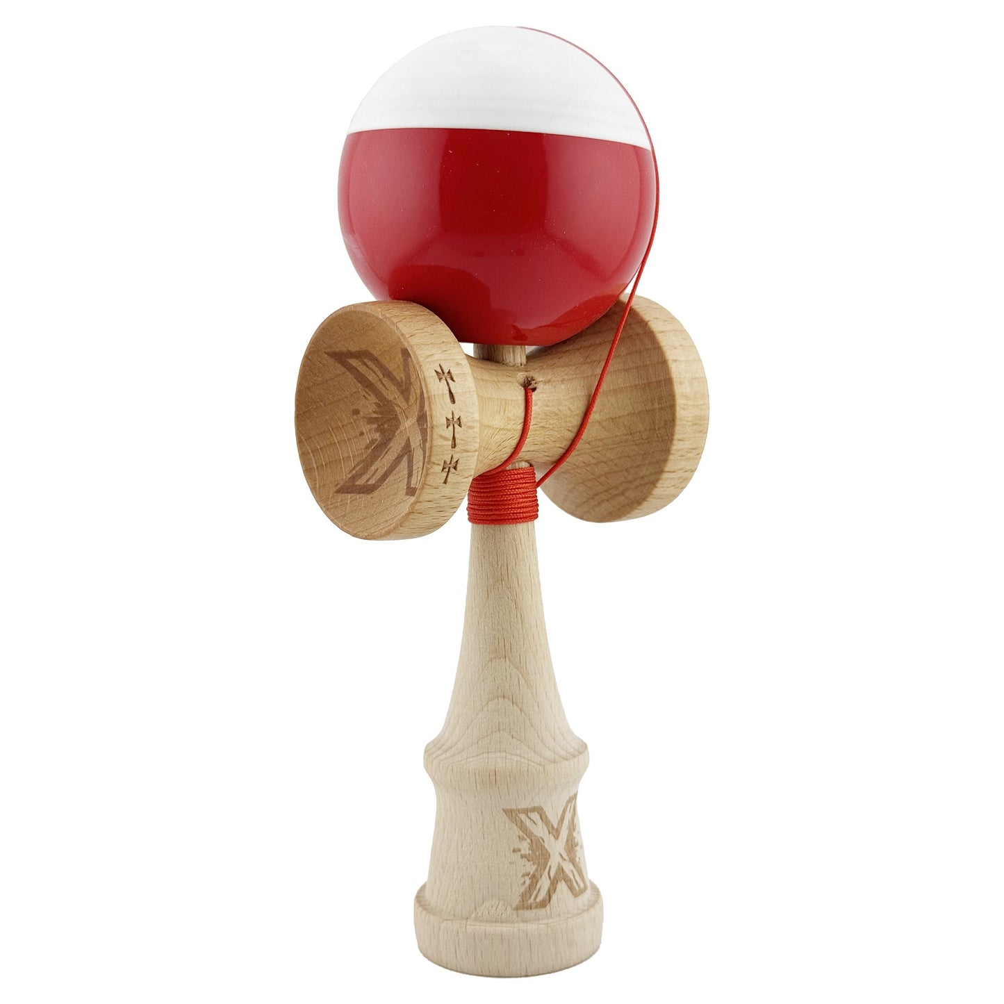 Kendama X Originala, Profesionala,Big Cups V2, Super Sticky cu Cupe Mari, Rulment Metalic, din lemn 18 cm, Ata 55 cm, Alb/Rosu