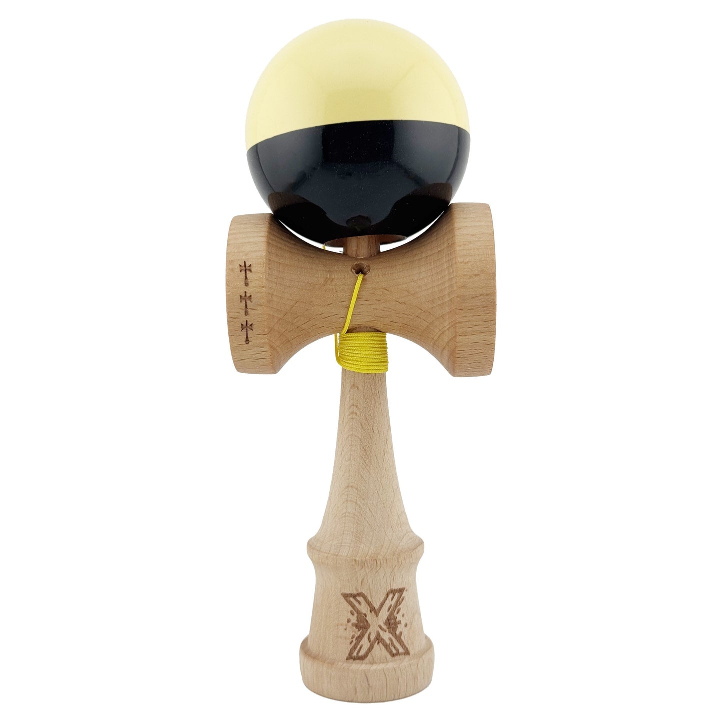 Kendama X Originala, Profesionala,Big Cups V2, Super Sticky cu Cupe Mari, Rulment Metalic, din lemn 18 cm, Ata 55 cm, Galben/Negru