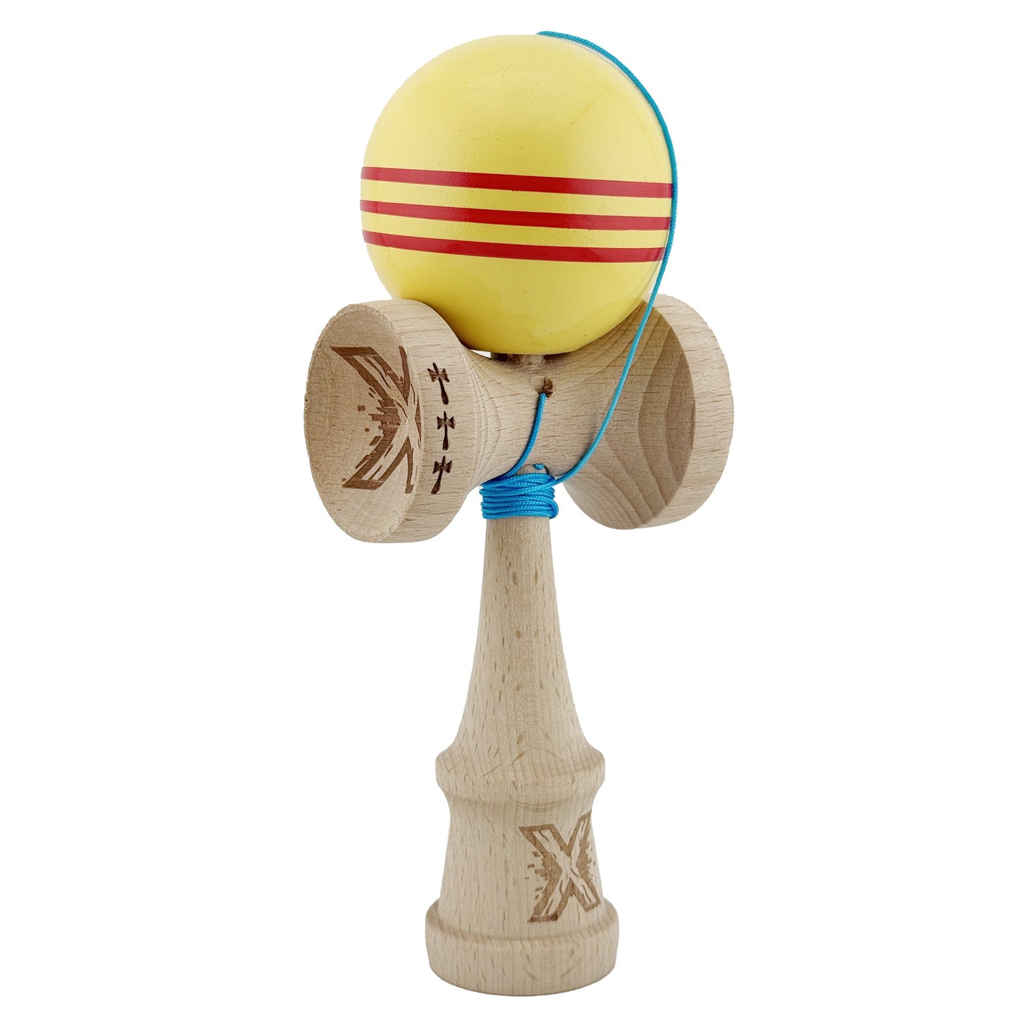 Kendama X Originala, Profesionala,Big Cups V2, Super Sticky Cupe Mari, Rulment Metalic cu Ata 55 cm, Galben/Linii Rosii