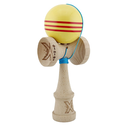 Kendama X Originala, Profesionala,Big Cups V2, Super Sticky Cupe Mari, Rulment Metalic cu Ata 55 cm, Galben/Linii Rosii