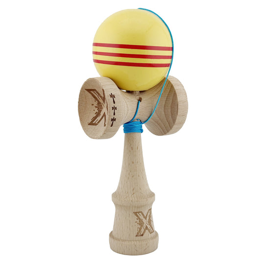 Kendama X Originala, Profesionala,Big Cups V2, Super Sticky Cupe Mari, Rulment Metalic cu Ata 55 cm, Galben/Linii Rosii