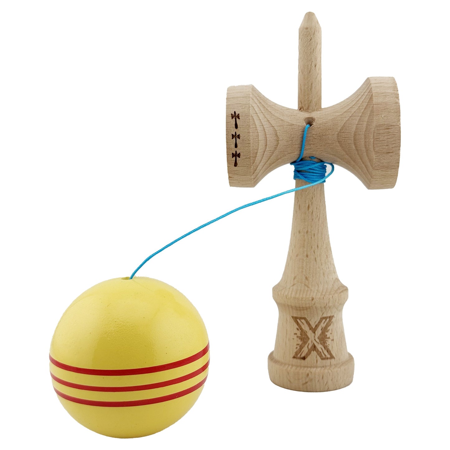 Kendama X Originala, Profesionala,Big Cups V2, Super Sticky Cupe Mari, Rulment Metalic cu Ata 55 cm, Galben/Linii Rosii