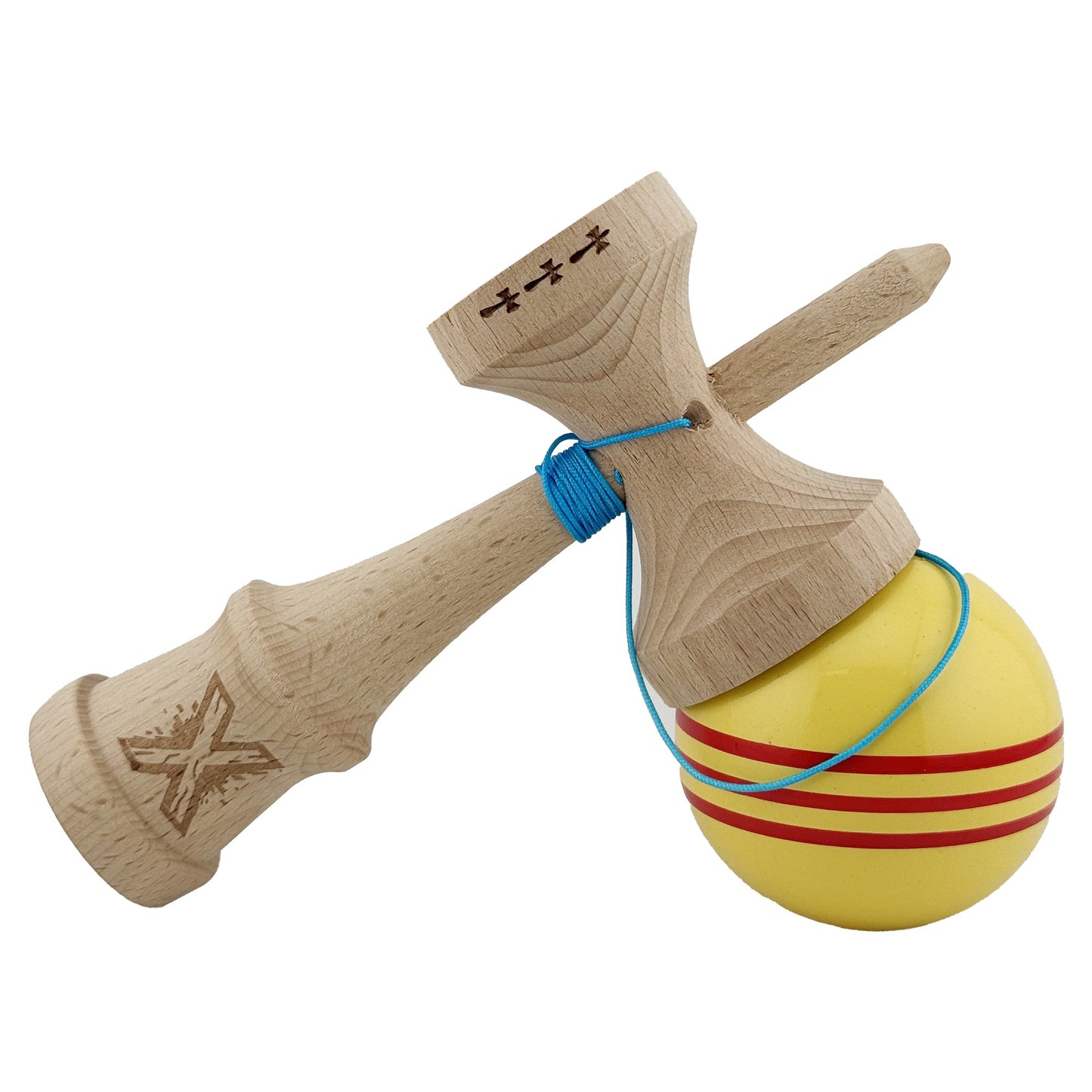 Kendama X Originala, Profesionala,Big Cups V2, Super Sticky Cupe Mari, Rulment Metalic cu Ata 55 cm, Galben/Linii Rosii