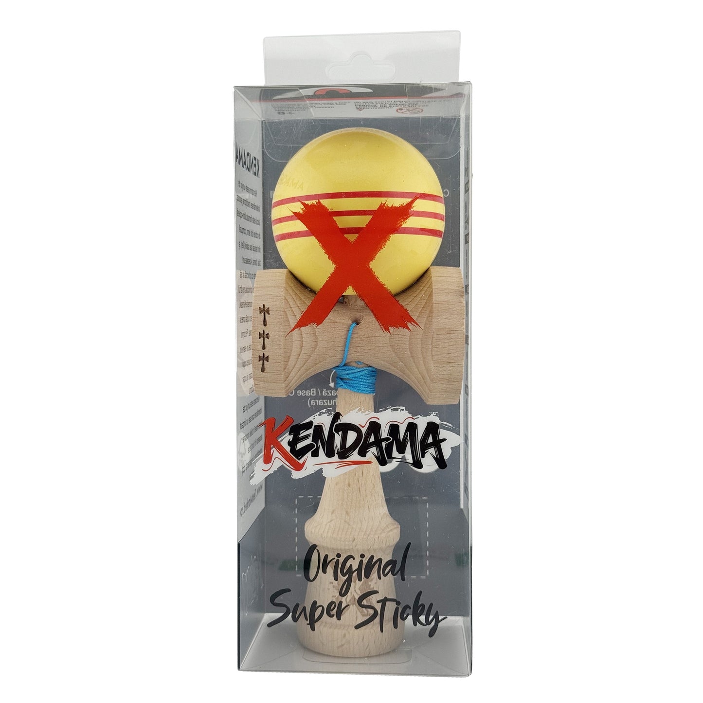 Kendama X Originala, Profesionala,Big Cups V2, Super Sticky Cupe Mari, Rulment Metalic cu Ata 55 cm, Galben/Linii Rosii