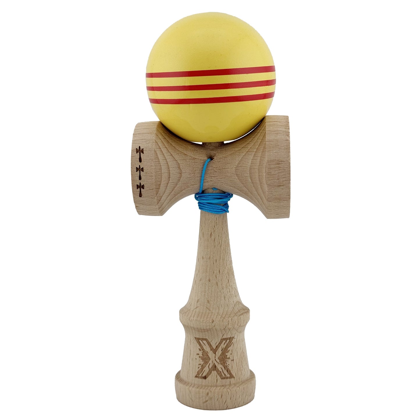 Kendama X Originala, Profesionala,Big Cups V2, Super Sticky Cupe Mari, Rulment Metalic cu Ata 55 cm, Galben/Linii Rosii