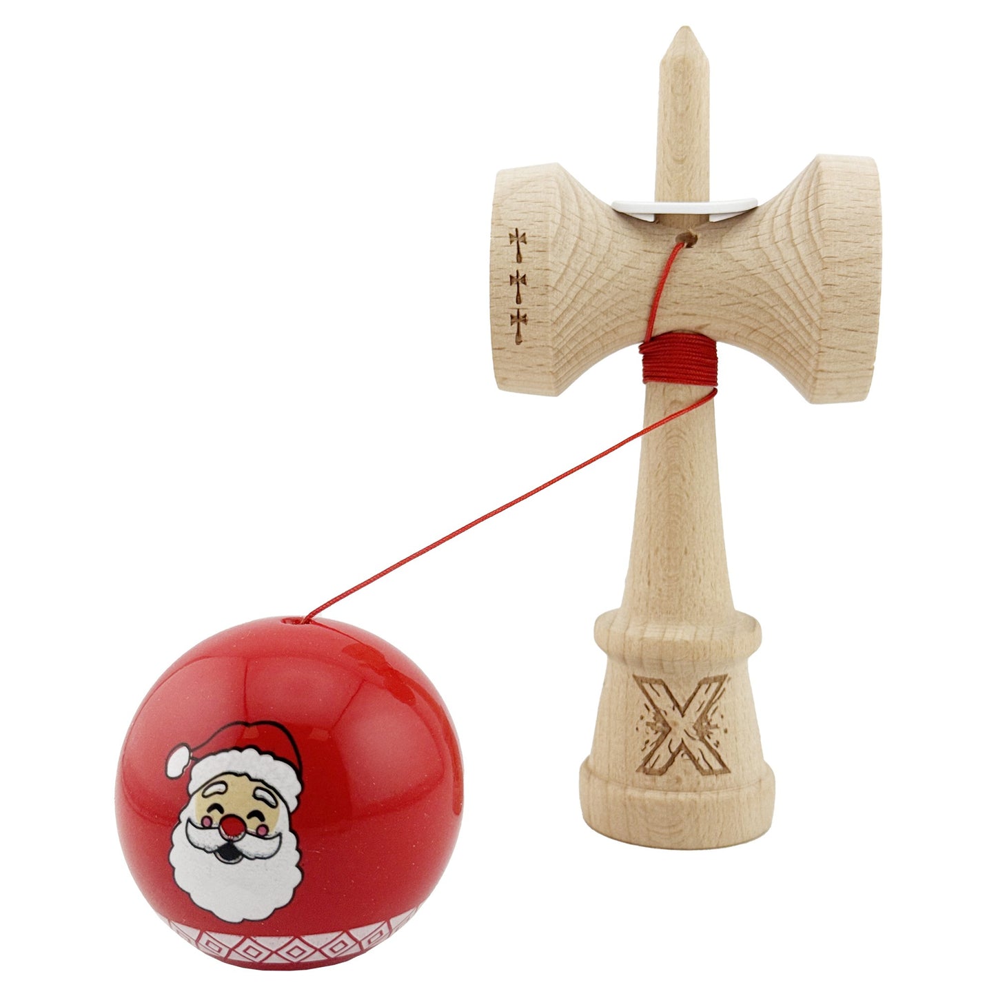 Kendama X Originala, Profesionala,Christmas Edition, Super Sticky cu Cupe Mari KING SIZE V3, Rulment Metalic si Gaura in Baza, din Lemn 18 cm, Ata 55 cm