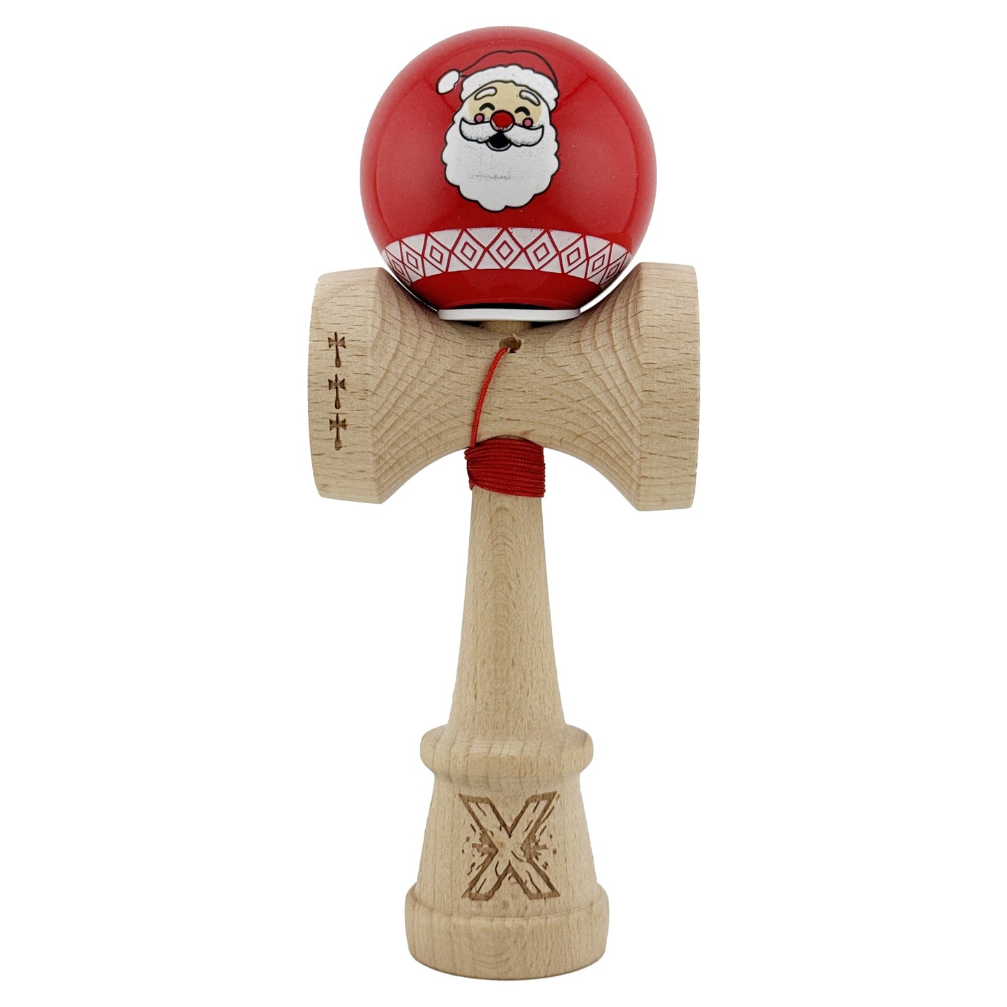 Kendama X Originala, Profesionala,Christmas Edition, Super Sticky cu Cupe Mari KING SIZE V3, Rulment Metalic si Gaura in Baza, din Lemn 18 cm, Ata 55 cm
