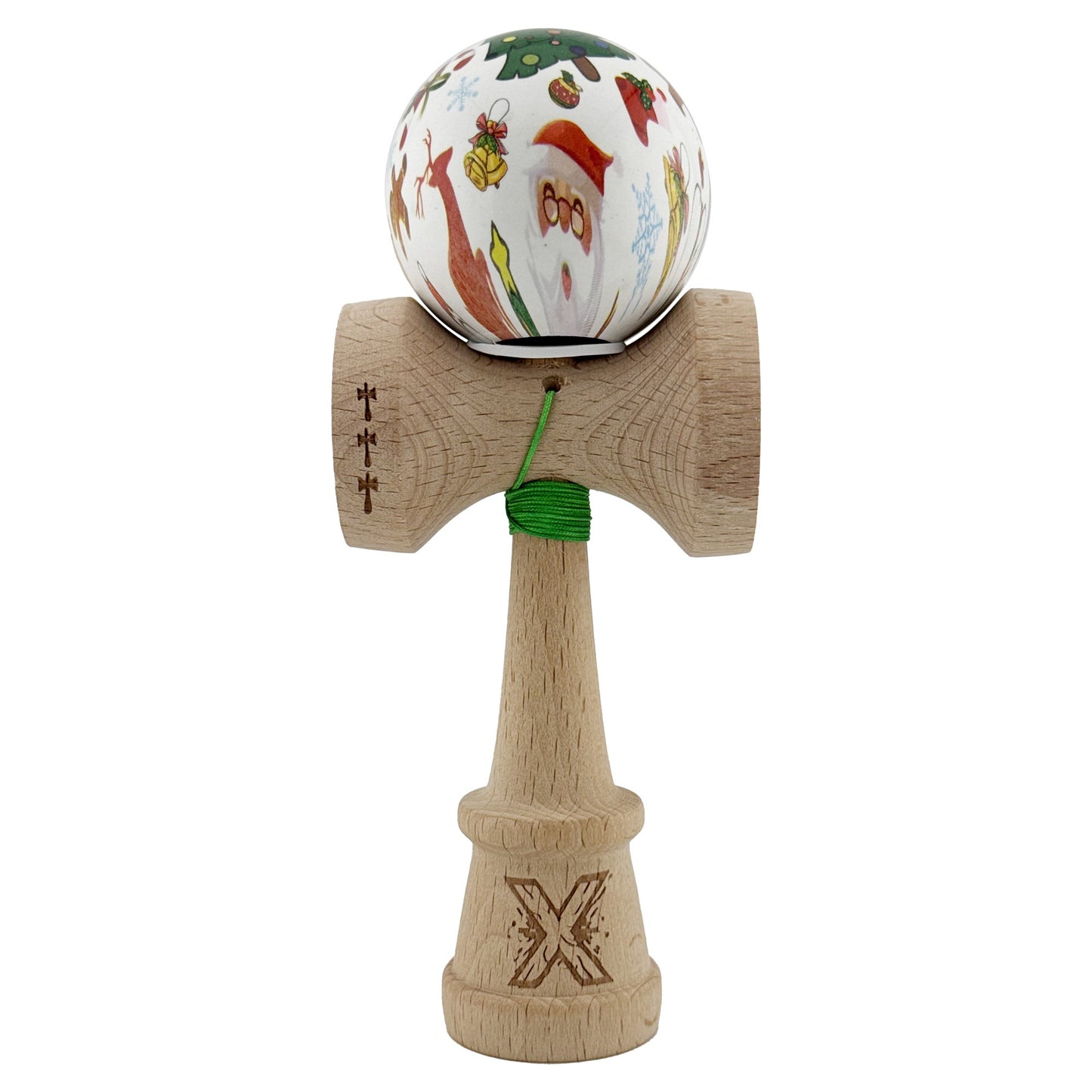 Kendama X Originala, Profesionala,Christmas Edition, Super Sticky cu Cupe Mari KING SIZE V3, Rulment Metalic si Gaura in Baza, din Lemn 18 cm, Ata 55 cm