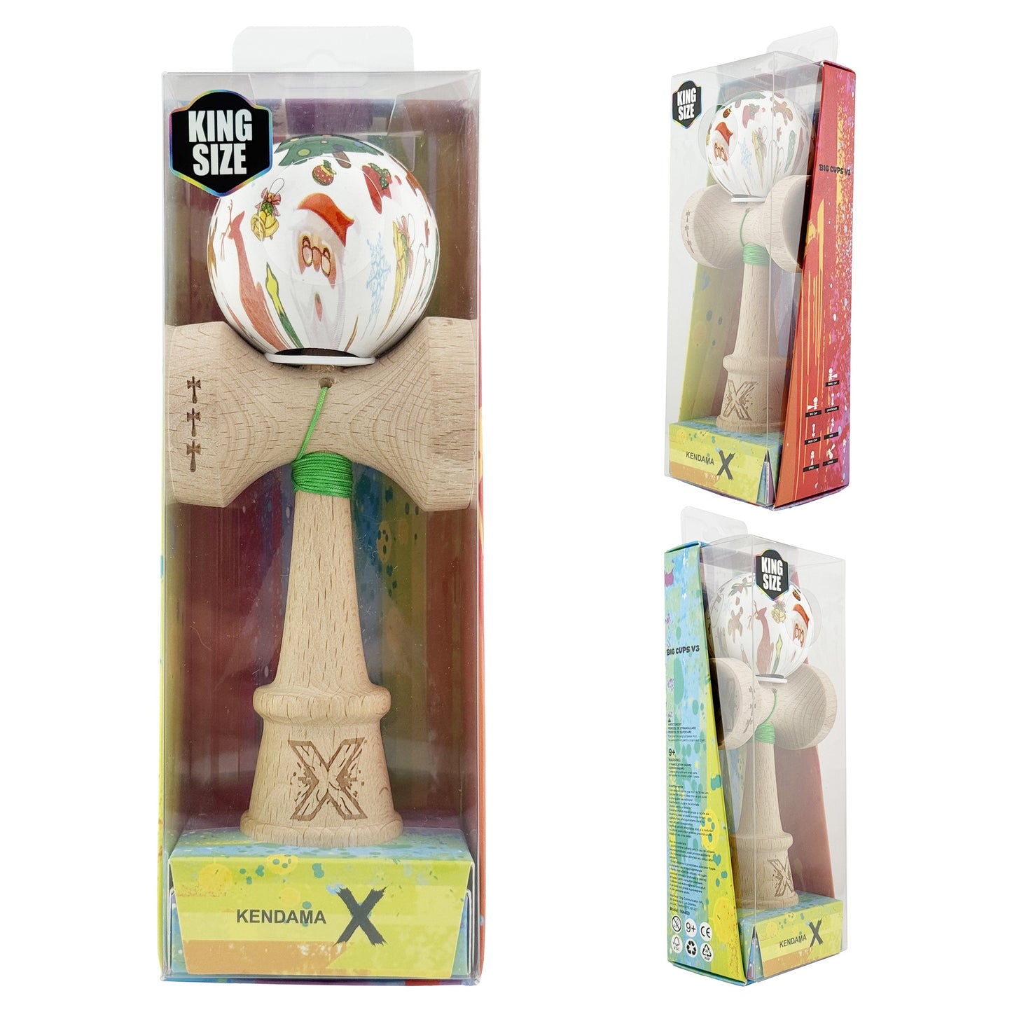 Kendama X Originala, Profesionala,Christmas Edition, Super Sticky cu Cupe Mari KING SIZE V3, Rulment Metalic si Gaura in Baza, din Lemn 18 cm, Ata 55 cm