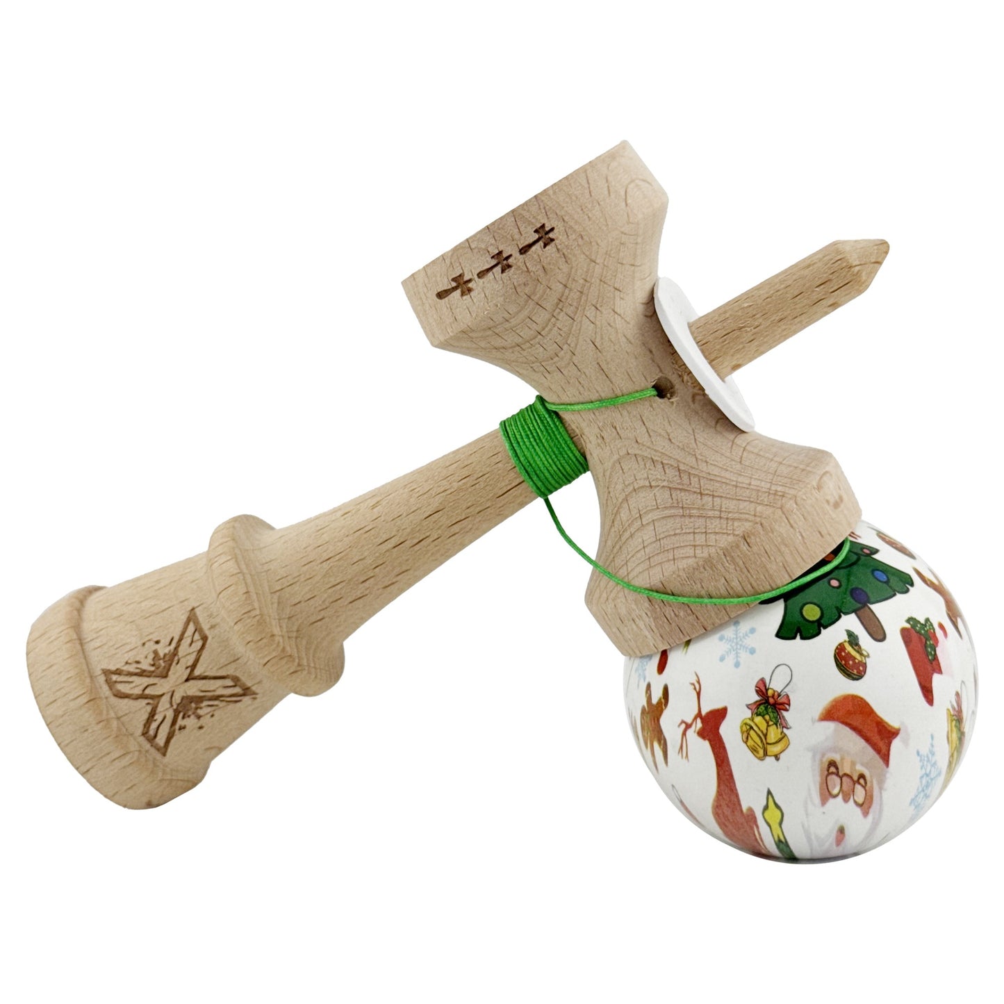 Kendama X Originala, Profesionala,Christmas Edition, Super Sticky cu Cupe Mari KING SIZE V3, Rulment Metalic si Gaura in Baza, din Lemn 18 cm, Ata 55 cm