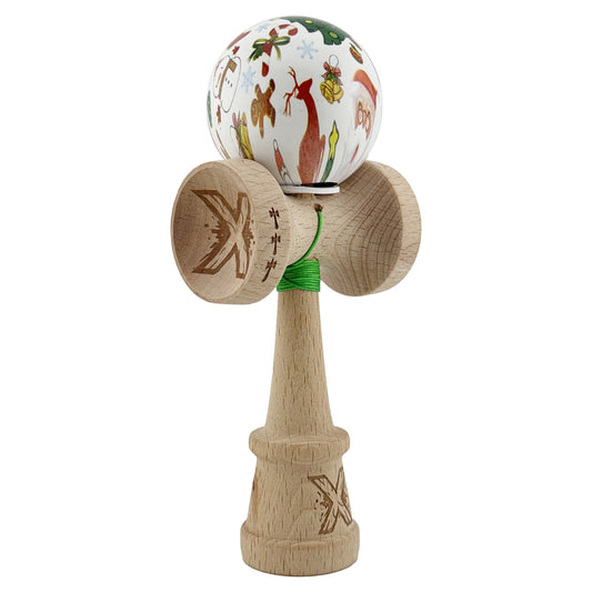 Kendama X Originala, Profesionala,Christmas Edition, Super Sticky cu Cupe Mari KING SIZE V3, Rulment Metalic si Gaura in Baza, din Lemn 18 cm, Ata 55 cm