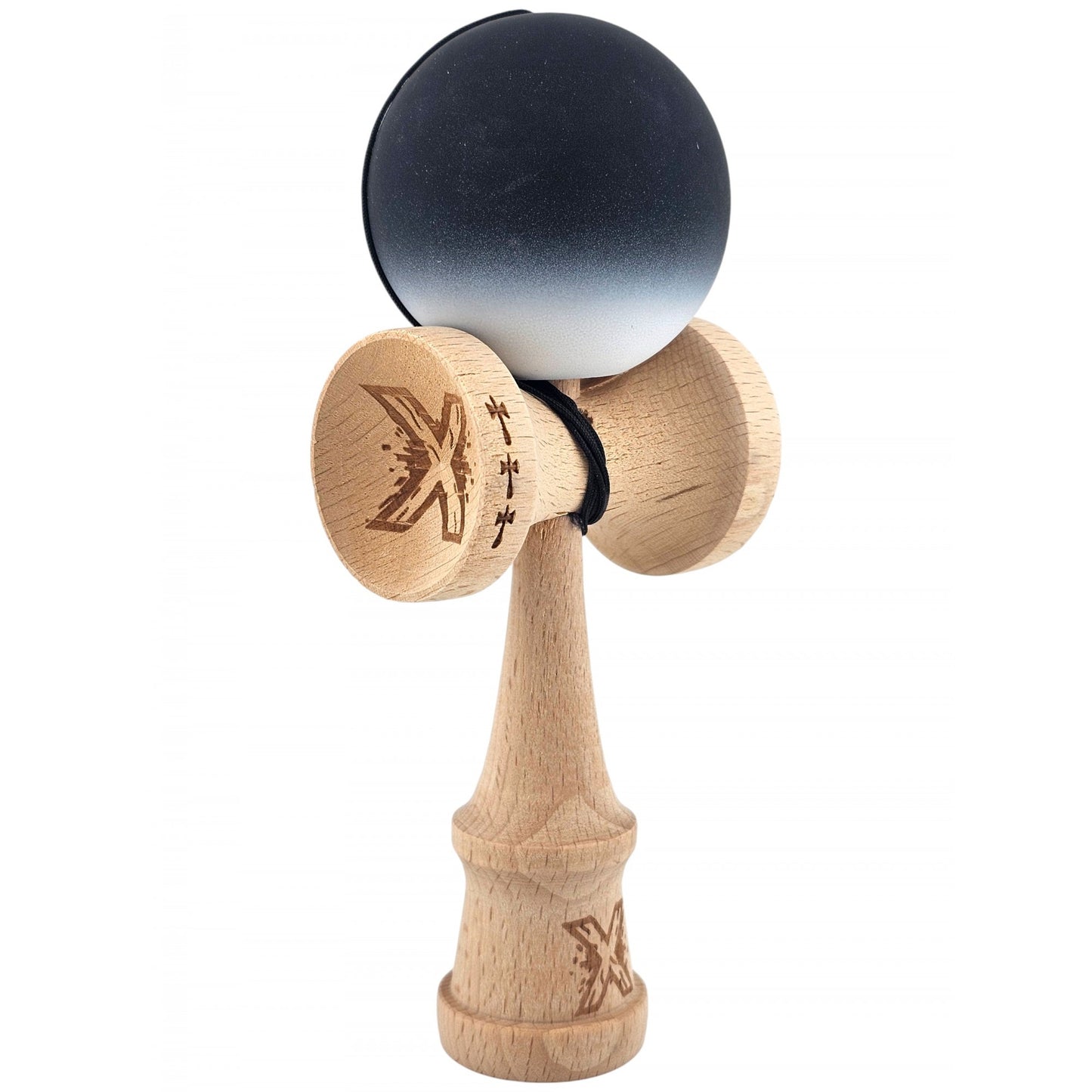 Kendama X Originala, Profesionala,  din Lemn, Big Cups, Rubber Grip, 18 cm, Alb/Negru