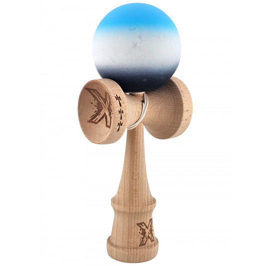 Kendama X Originala, Profesionala, din Lemn, Big Cups, Rubber Grip, 18 cm, Albastru/Alb/Violet