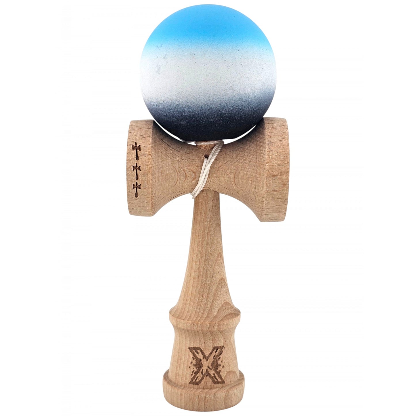 Kendama X Originala, Profesionala, din Lemn, Big Cups, Rubber Grip, 18 cm, Albastru/Alb/Violet