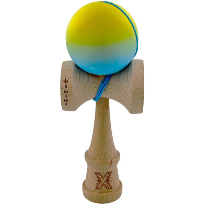 Kendama X Originala, Profesionala,din Lemn, Big Cups, Rubber Grip, 18 cm, Galben/Albastru